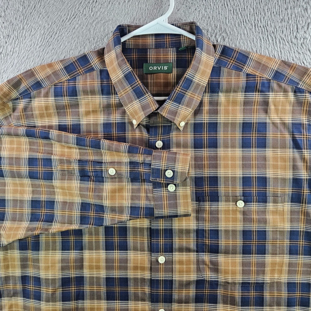 Orvis Mens XXL Brown Blue Plaid Wrinkle Free Cotton Long Slv Button Down Shirt
